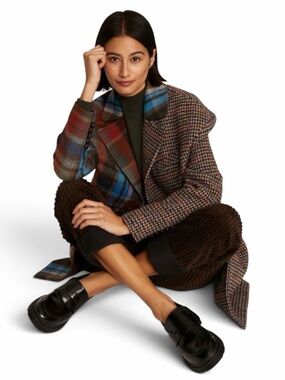 Veronica Beard India Colorblock Plaid Wool Coat Jacket Multicolor Size Small